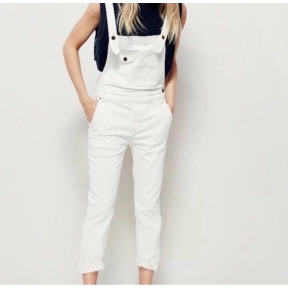Free People Women's Denim Overalls Ivory White Pockets